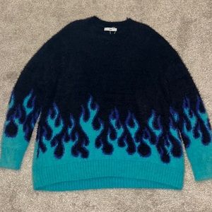 Oversized Soft, Black Crewneck with Blue Flames